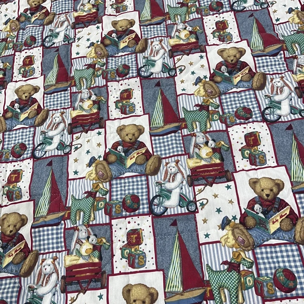 Vtg 90s Teddy Bear Quilt Americana Nursery Blanket Sailboats Blue Jeans 46x43